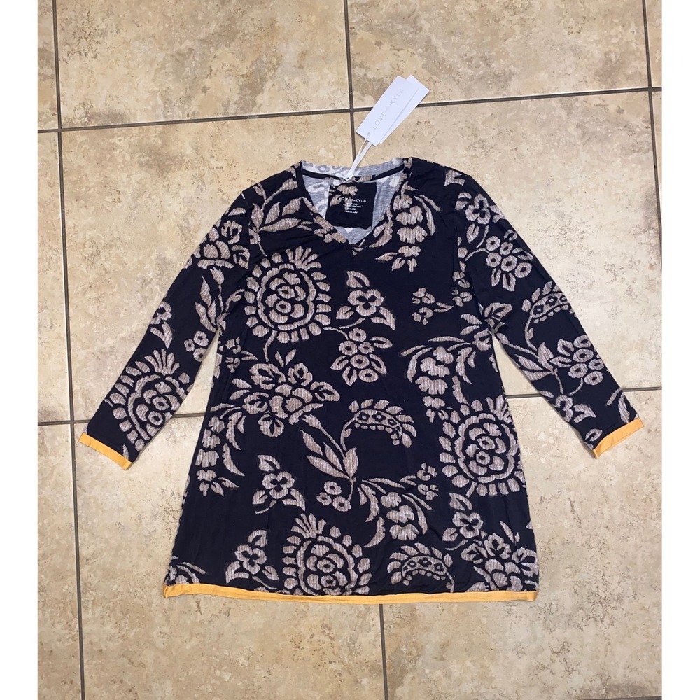 NWT Love by Kyla Seo Small Floral Tunic Top V-Neck Long Sleeve Black Yellow NEW - Picture 4 of 14